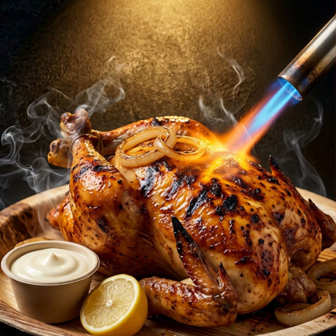 Whole chicken, brined and hand-coated in GWC's secret dry rub, slow-roasted 360° on open rotisserie until golden and crispy. Basted live, torch-finished tableside, dusted with GWC Special Sprinkle. Served on areca leaf plate with Boom Sauce, Green Chutney, laccha onions and fresh lemon.