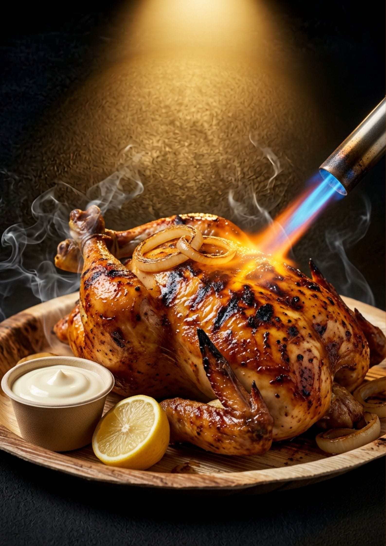 Whole chicken, brined and hand-coated in GWC's secret dry rub, slow-roasted 360° on open rotisserie until golden and crispy. Basted live, torch-finished tableside, dusted with GWC Special Sprinkle. Served on areca leaf plate with Boom Sauce, Green Chutney, laccha onions and fresh lemon.