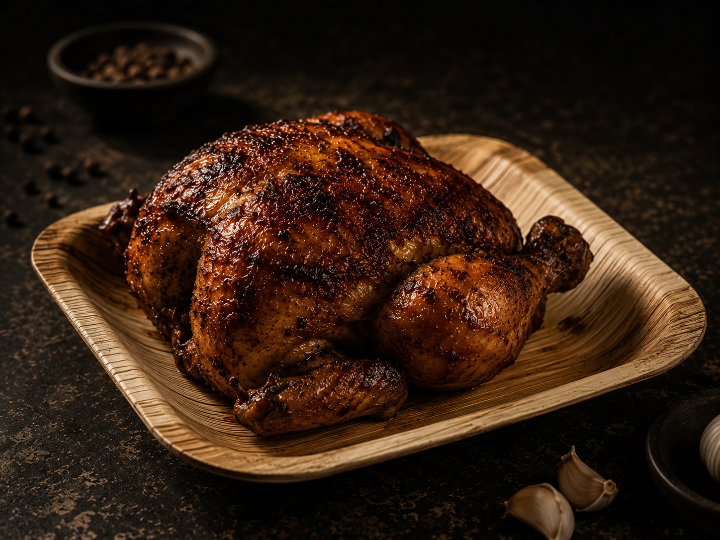 GWC areca leaf plate with BBQ chicken — natural eco-friendly serving Chandigarh tricity