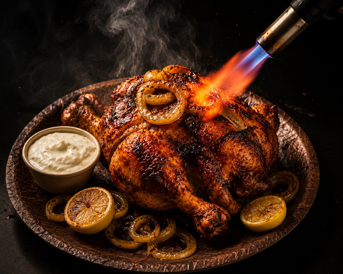 Best BBQ Chicken Chandigarh. Whole chicken, brined and hand-coated in GWC's secret dry rub, slow-roasted 360° on open rotisserie until golden and crispy. Basted live, torch-finished tableside, dusted with GWC Special Sprinkle. Served on an areca leaf plate with Boom Sauce, Green Chutney, laccha onions and fresh lemon.