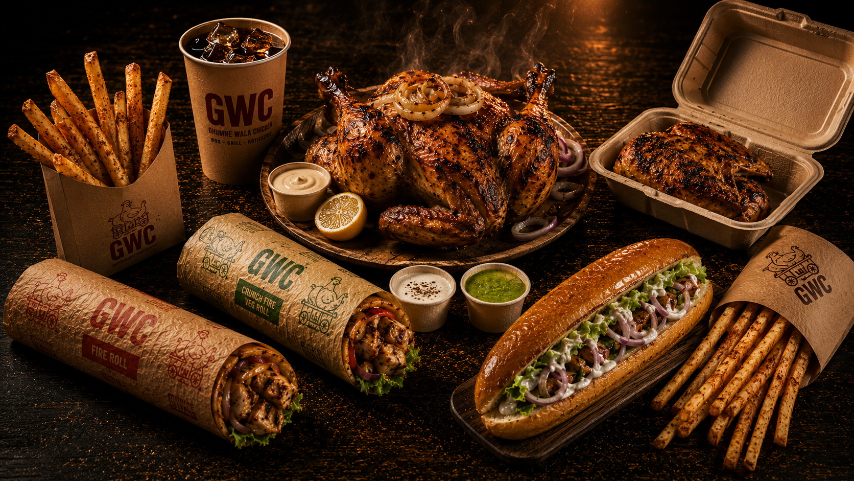 GWC best BBQ chicken tricity — full spread with rotisserie chicken rolls fries Boom Sauce for Panchkula Mohali Zirakpur delivery