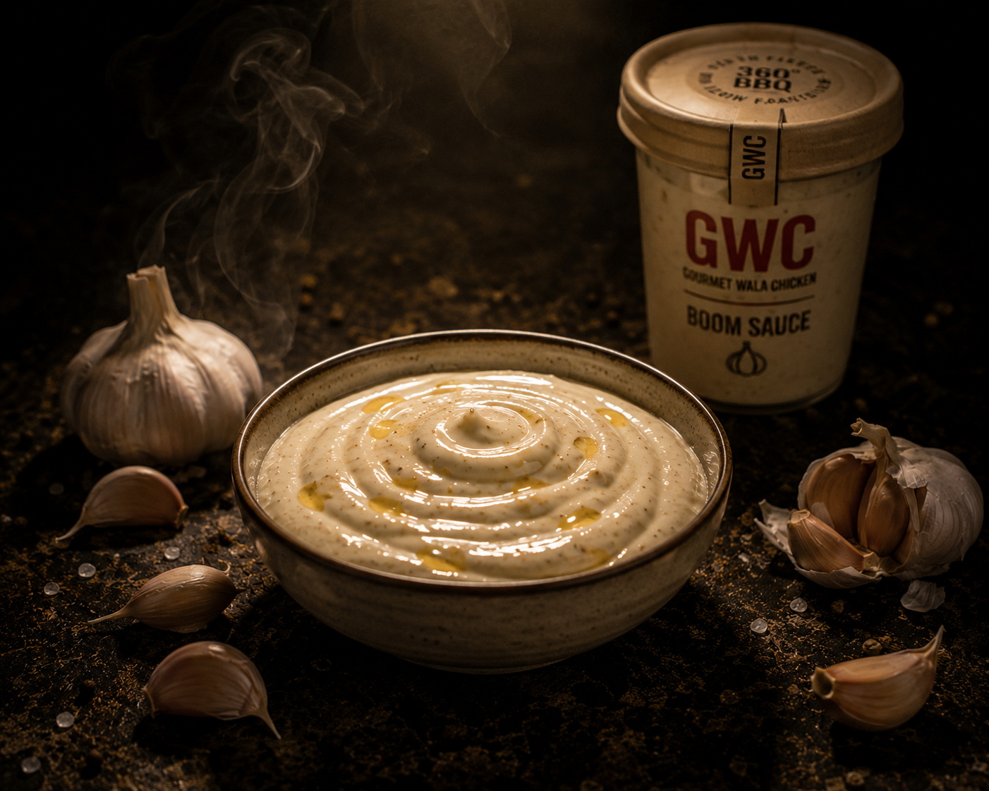 GWC Boom Sauce Chandigarh — secret garlic sauce in small bowl with BBQ chicken at Sector 32D