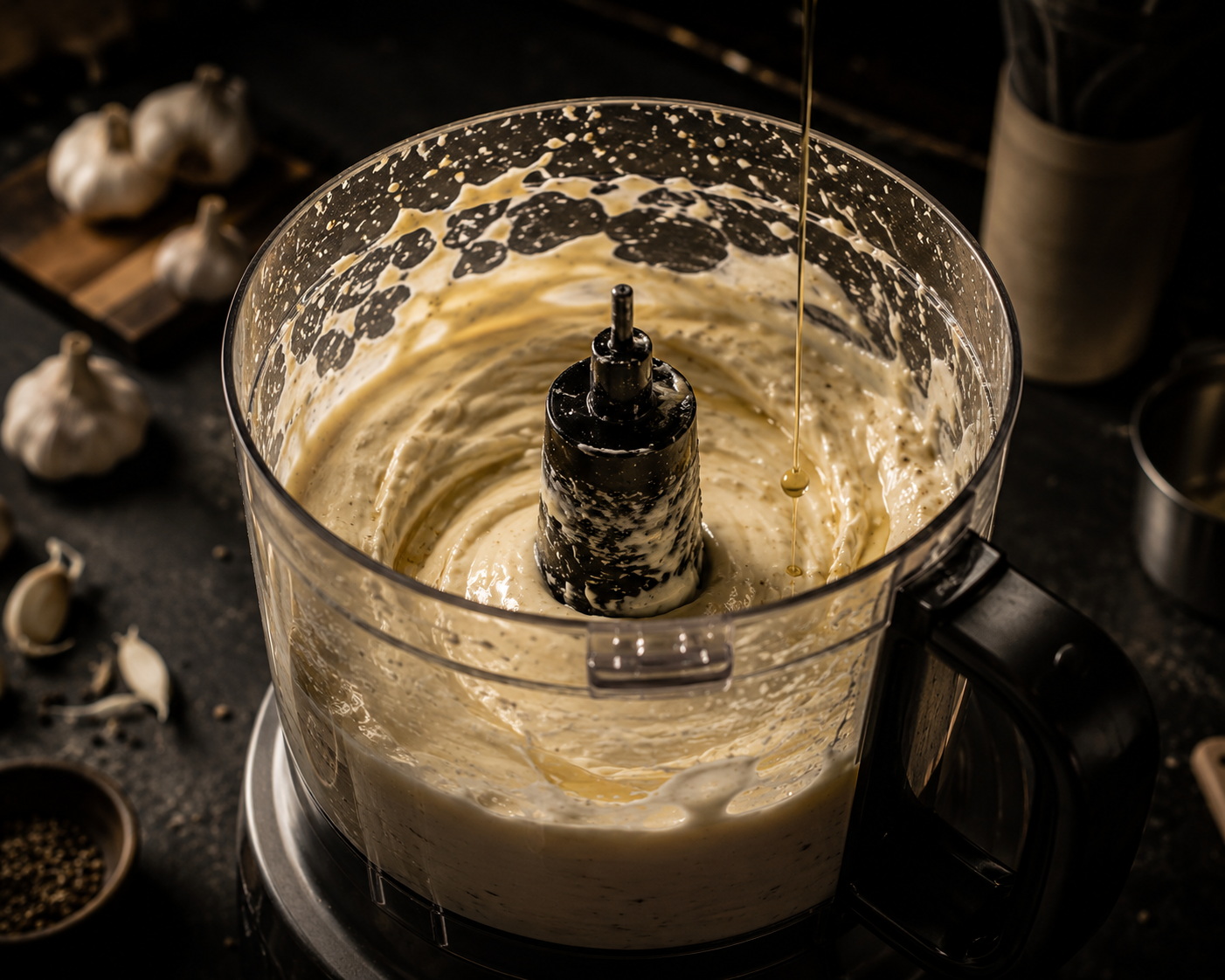 GWC Boom Sauce emulsification process — creamy garlic sauce being made at Chandigarh