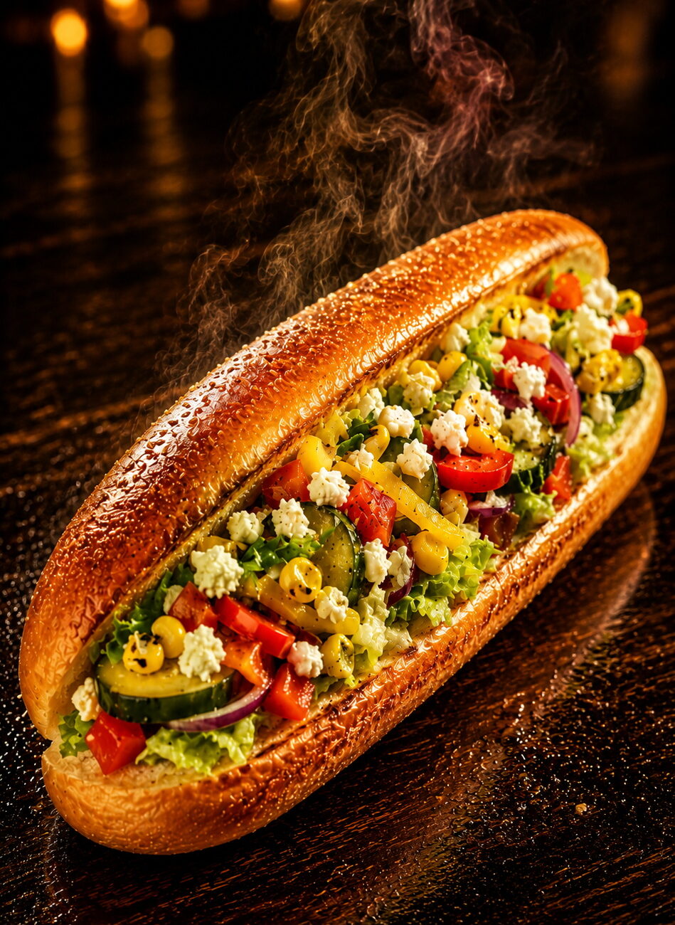 25cm savoury bun, golden crispy base from a hot plate. Filled with fresh bell peppers, pickled cucumber, caramelised onions, charred corn, tomatoes and iceberg lettuce — no charring, deliberately fresh and cool. Crowned with crumbled feta cheese (or seasoned paneer). Served open-faced with Boom Sauce.