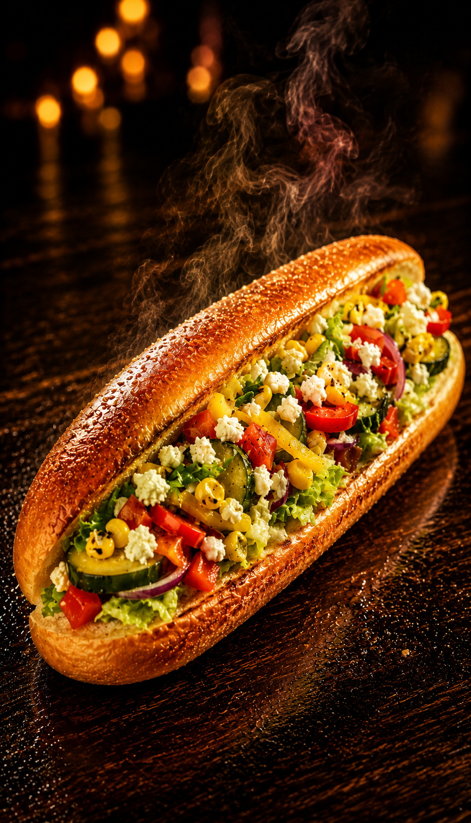 25cm savoury bun, golden crispy base from a hot plate. Filled with fresh bell peppers, pickled cucumber, caramelised onions, charred corn, tomatoes and iceberg lettuce — no charring, deliberately fresh and cool. Crowned with crumbled feta cheese (or seasoned paneer). Served open-faced with Boom Sauce.