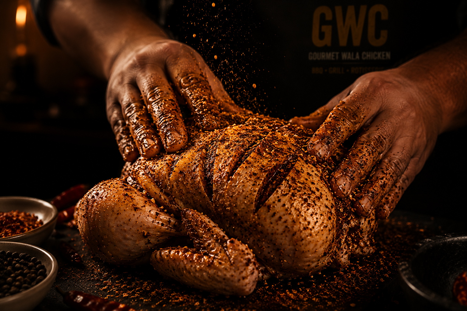 GWC hand-applied dry rub on whole chicken — 21 hour marination process Chandigarh