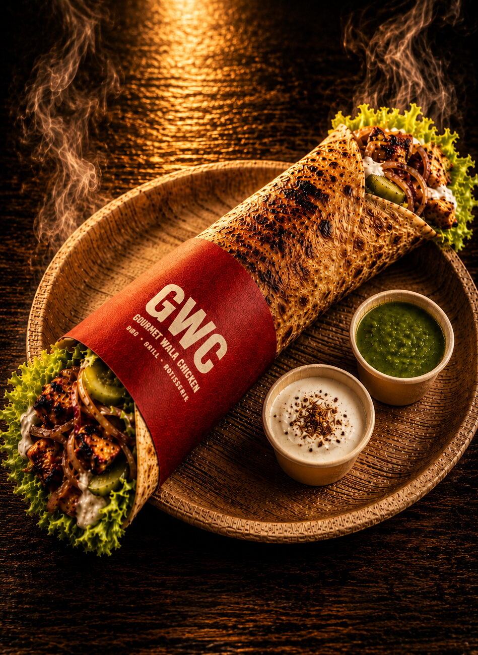 10-inch wheat roti touched against live spinning rotisserie — absorbing chicken fat and smoke directly. Spread with Boom Sauce, layered with 110g mixed BBQ chicken, caramelized onions and pickled cucumber. Wrapped tight, hot-plate pressed golden. Served whole with Boom Sauce and Green Chutney.