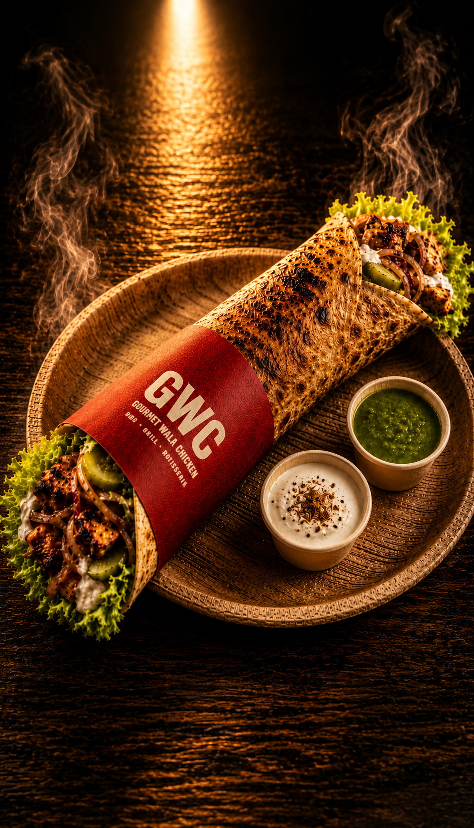 10-inch wheat roti touched against live spinning rotisserie — absorbing chicken fat and smoke directly. Spread with Boom Sauce, layered with 110g mixed BBQ chicken, caramelized onions and pickled cucumber. Wrapped tight, hot-plate pressed golden. Served whole with Boom Sauce and Green Chutney.