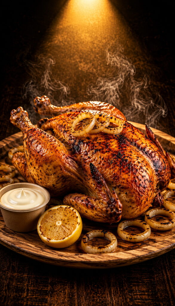 Whole chicken, brined and hand-coated in GWC's secret dry rub, slow-roasted 360° on open rotisserie until golden and crispy. Basted live, torch-finished tableside, dusted with GWC Special Sprinkle. Served on areca leaf plate with Boom Sauce, Green Chutney, laccha onions and fresh lemon.