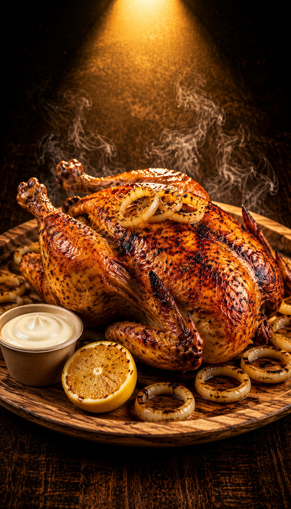 Whole chicken, brined and hand-coated in GWC's secret dry rub, slow-roasted 360° on open rotisserie until golden and crispy. Basted live, torch-finished tableside, dusted with GWC Special Sprinkle. Served on areca leaf plate with Boom Sauce, Green Chutney, laccha onions and fresh lemon.