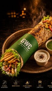 10-inch wheat roti spread with Boom Sauce, layered with flame-kissed bell peppers, charred sweet corn, pickled cucumber, caramelized onions, fresh tomatoes, iceberg crunch and GWC Long Fries placed diagonally. Wrapped whole, hot-plate pressed. Served with Boom Sauce and Green Chutney.