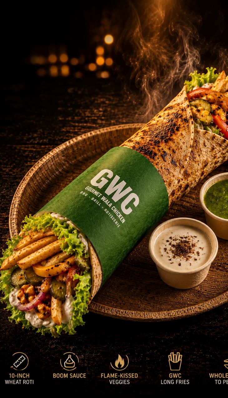 10-inch wheat roti spread with Boom Sauce, layered with flame-kissed bell peppers, charred sweet corn, pickled cucumber, caramelized onions, fresh tomatoes, iceberg crunch and GWC Long Fries placed diagonally. Wrapped whole, hot-plate pressed. Served with Boom Sauce and Green Chutney.