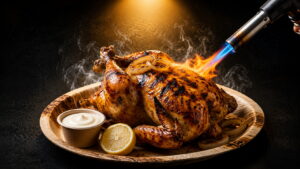 Whole chicken, brined and hand-coated in GWC's secret dry rub, slow-roasted 360° on open rotisserie until golden and crispy. Basted live, torch-finished tableside, dusted with GWC Special Sprinkle. Served on areca leaf plate with Boom Sauce, Green Chutney, laccha onions and fresh lemon.