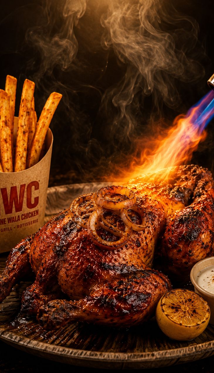 GWC combo of full chicken BBQ, fries Boom Sauce, green chutney and caramelized onions