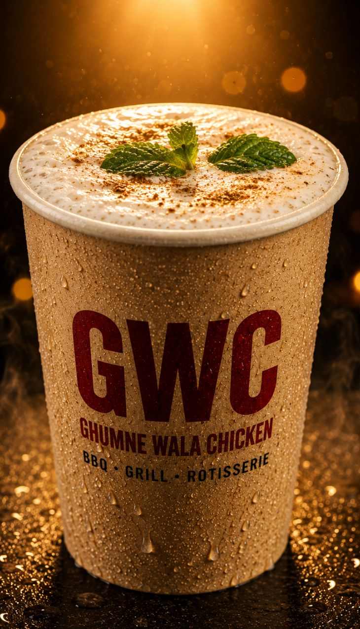 Fresh Verka lassi blended with GWC's six-ingredient salted masala — kala namak, roasted cumin, saunth, dry mint and more. Thick, cold, alive with flavour. Served without lid or straw. Roasted cumin garnish on top.