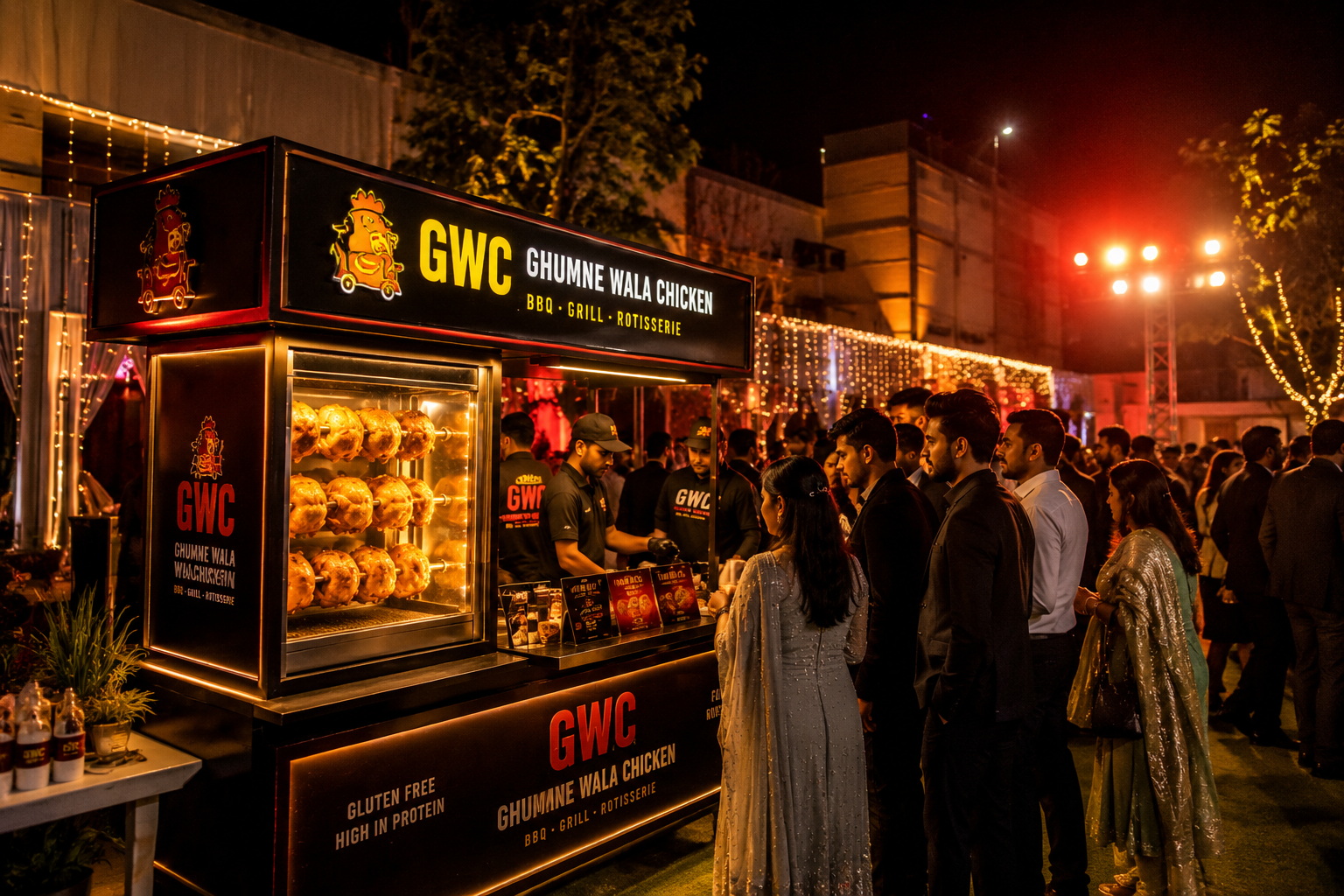 GWC late night food Chandigarh — e-cart glowing at midnight with crowd at Sector 32D