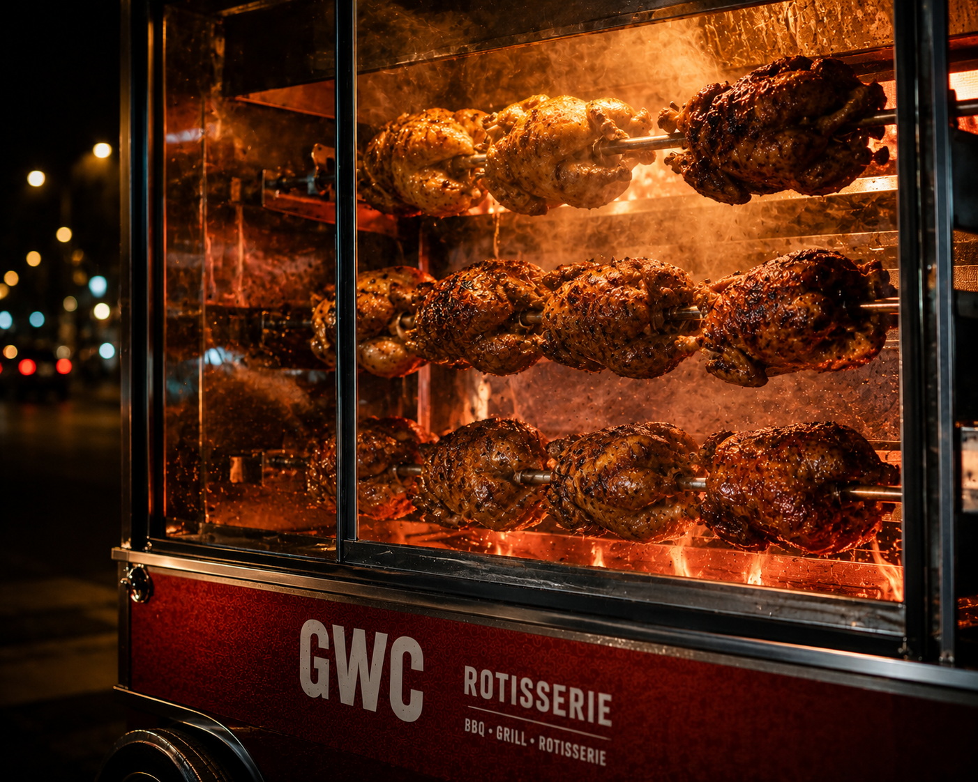 GWC rotisserie BBQ chicken spinning — best BBQ chicken tricity Chandigarh Panchkula Mohali Zirakpur