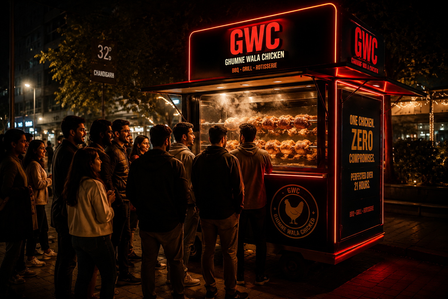 GWC Ghumne Wala Chicken crowd at night — street food destination Chandigarh Sector 32D
