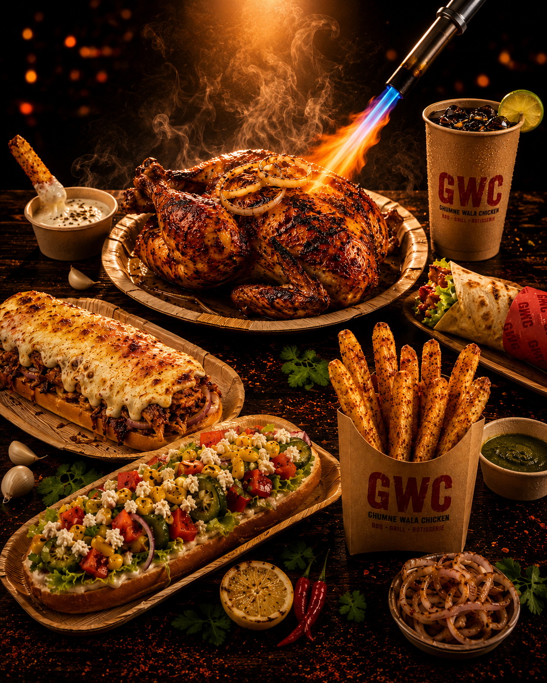 GWC Full menu showcasing Barbeque Chicken, Rolls and there signature drinks