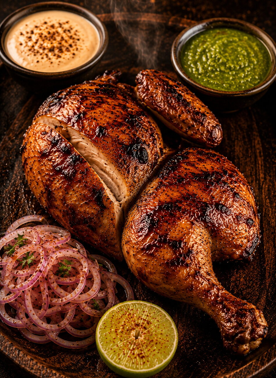 Half chicken, brined and hand-coated in GWC's secret dry rub, slow-roasted 360° on open rotisserie until golden and crispy. Basted live, torch-finished tableside, dusted with GWC Special Sprinkle. Served on an areca leaf plate with Boom Sauce, Green Chutney, laccha onions and fresh lemon.