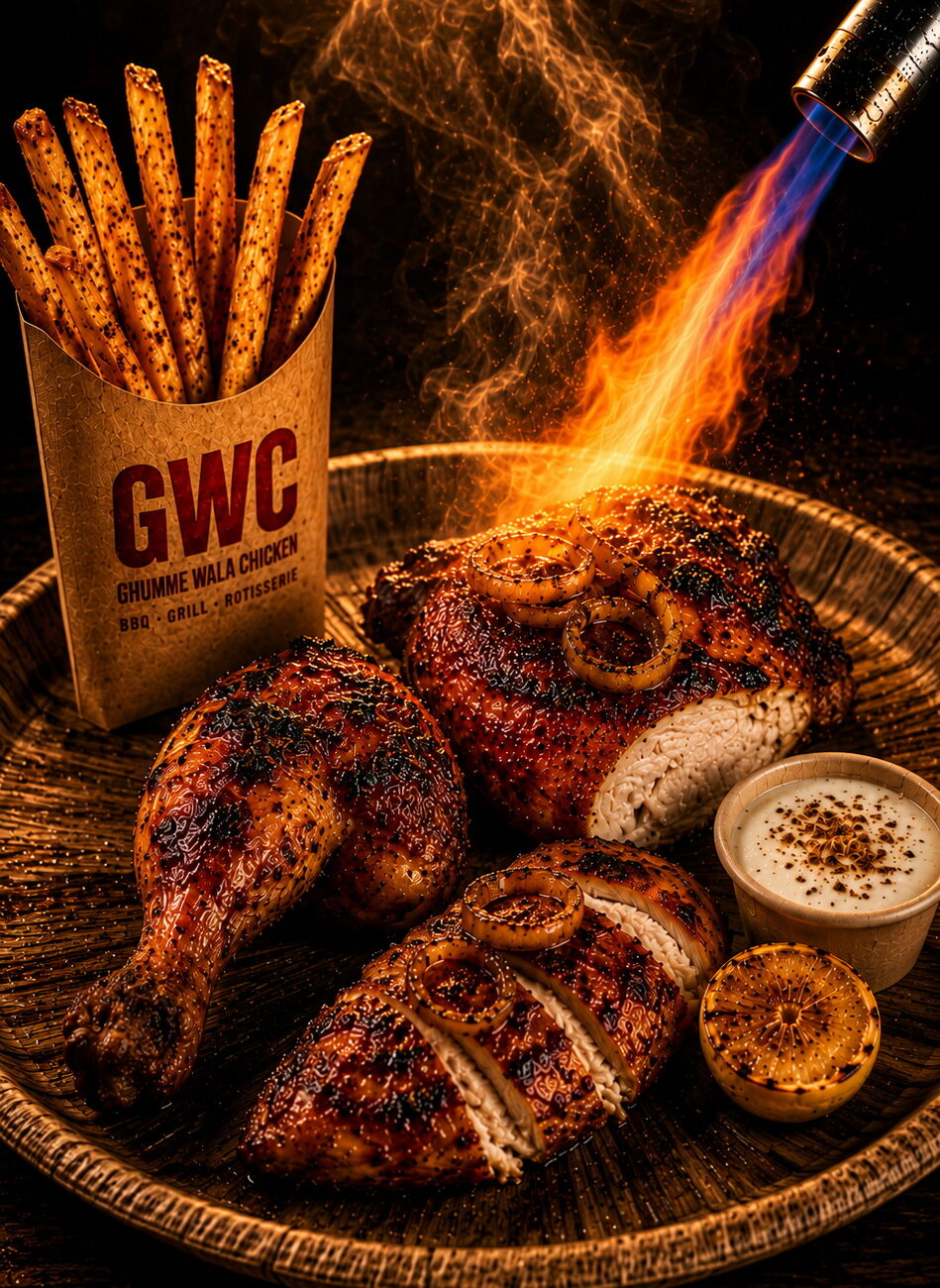 Half chicken, brined and hand-coated in GWC's secret dry rub, slow-roasted 360° on open rotisserie until golden and crispy. Basted live, torch-finished tableside, dusted with GWC Special Sprinkle. Served on areca leaf plate with Boom Sauce, Green Chutney, laccha onions and fresh lemon.