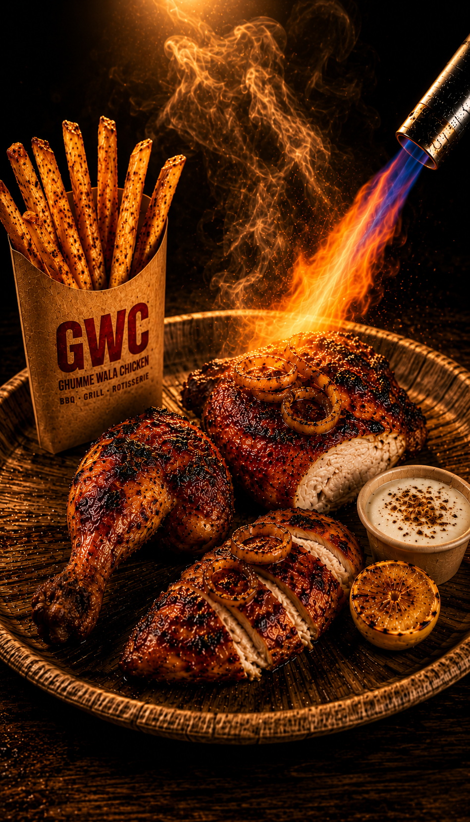 Half chicken, brined and hand-coated in GWC's secret dry rub, slow-roasted 360° on open rotisserie until golden and crispy. Basted live, torch-finished tableside, dusted with GWC Special Sprinkle. Served on areca leaf plate with Boom Sauce, Green Chutney, laccha onions and fresh lemon.