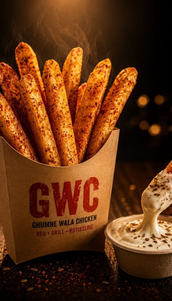 Long fries in a bagasse paper bag with GWC boom sauce