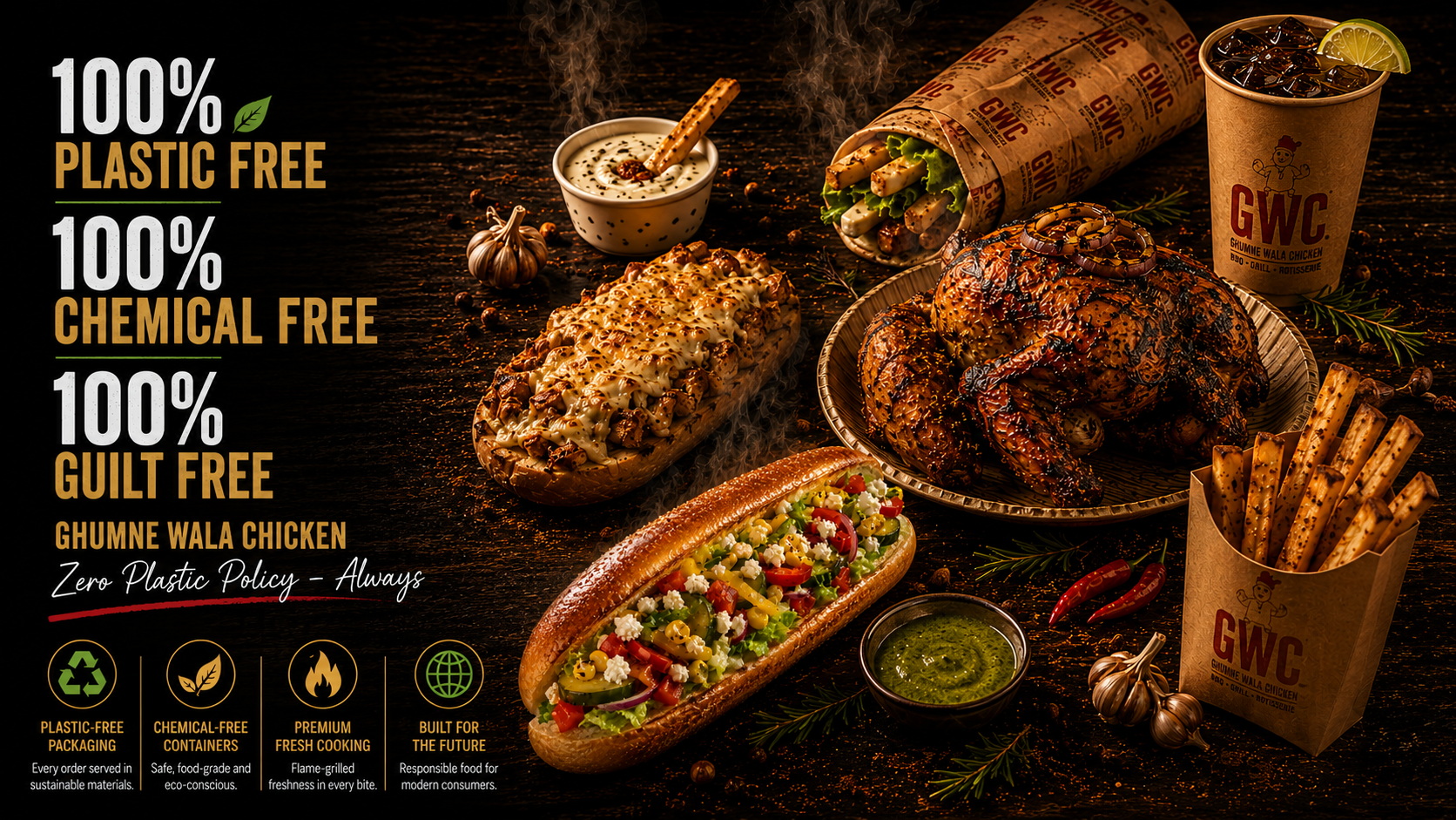 GWC uses eco-friendly packaging, sustainable serving materials, and a zero-plastic approach across the brand experience.