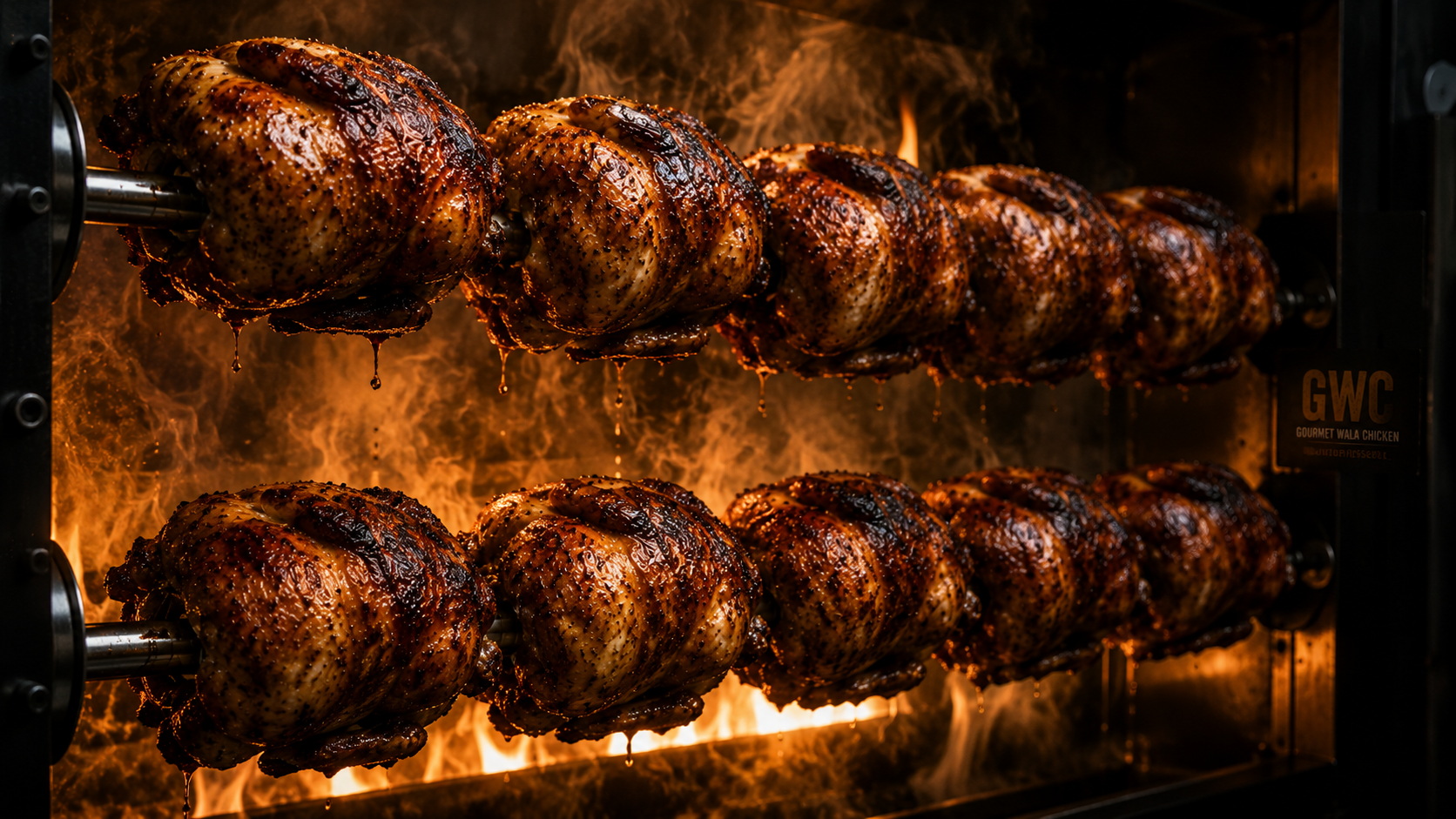 GWC rotisserie chicken Chandigarh — whole birds slow roasting 360 degrees at Sector 32D