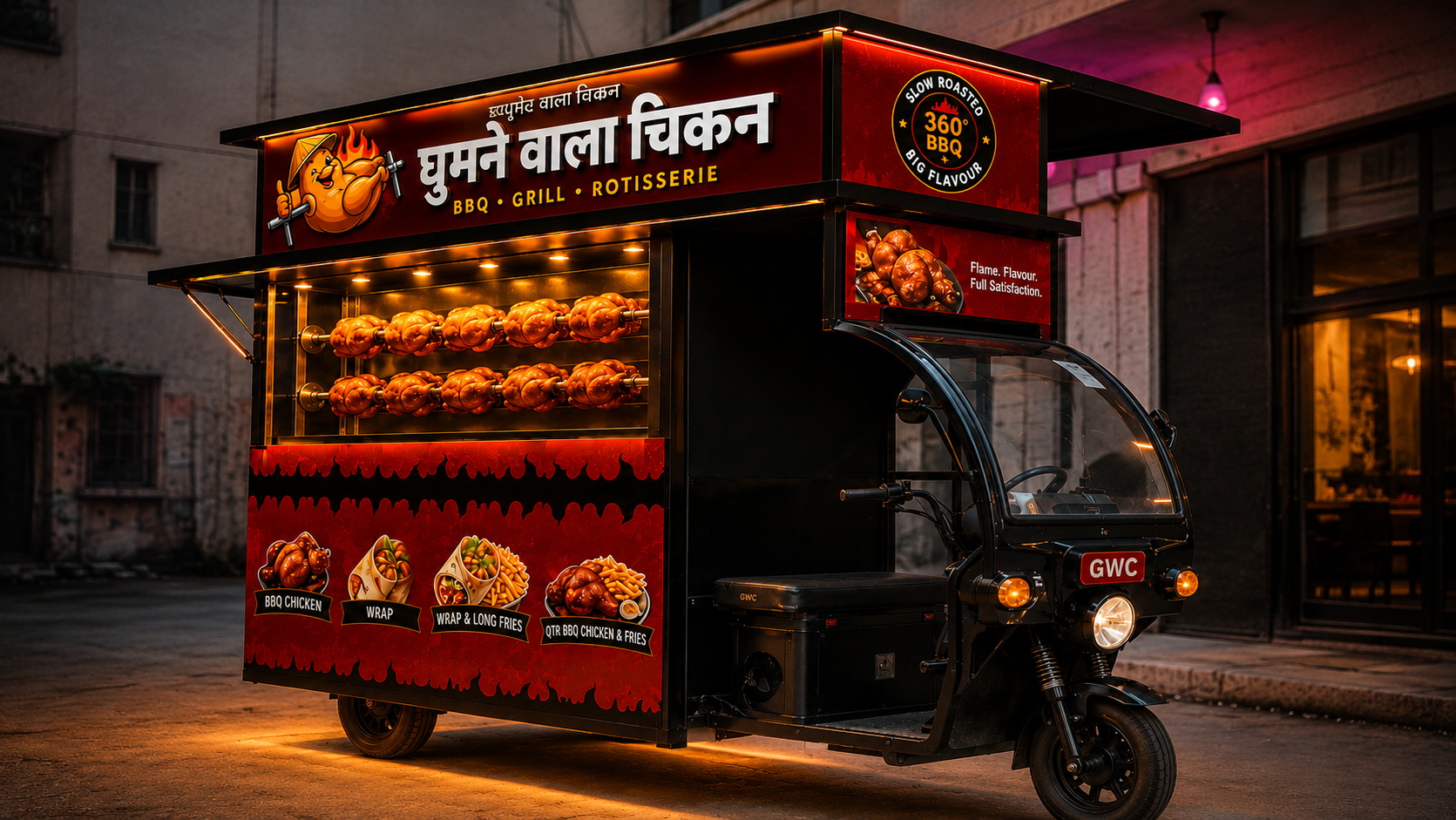 GWC Ghumne Wala Chicken e-cart at night — live rotisserie BBQ street food Chandigarh Sector 32D