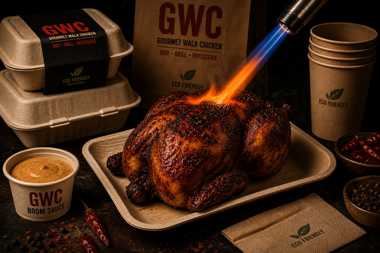 Cinematic dark food photography. Perfectly roasted whole rotisserie chicken on areca leaf plate, blowtorch finishing the skin, golden crackling crust, smoke rising, Boom Sauce in small bowl on side, GWC branding on packaging visible, dark moody background. Ultra realistic, mouth-watering food.