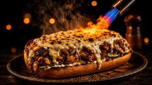 25cm savory sesame bun, hot-plate pressed to a golden crispy base. Loaded with pulled BBQ chicken, caramelized onions and pickled cucumber on a Boom Sauce base. Finished live with a blowtorch pass — cheese bubbling, golden, slightly charred. Served open-face with Boom Sauce on the side.