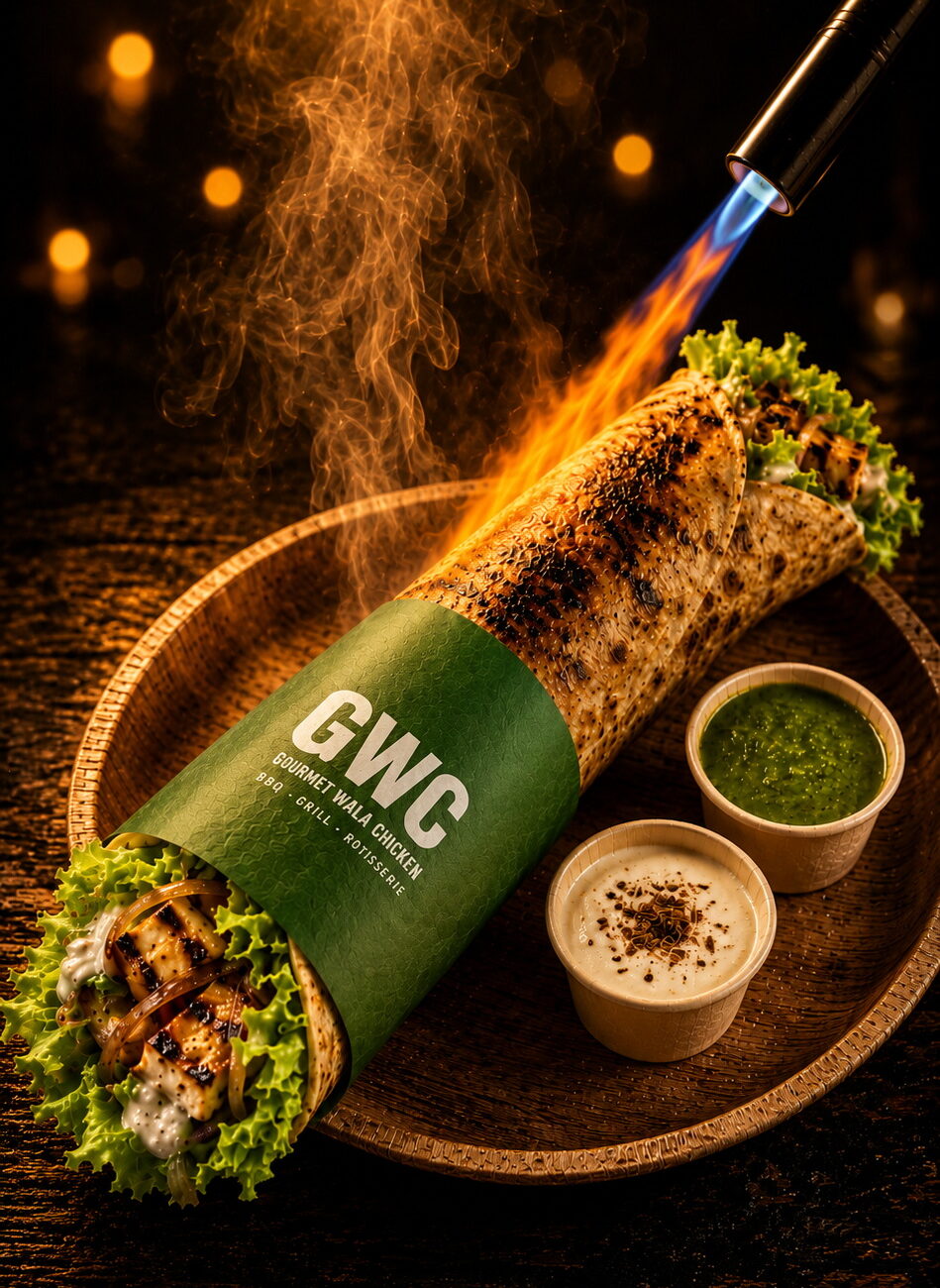 Fresh paneer coated in GWC dry rub, griddle-charred with deep marks, blowtorch-finished and rested before layering. Built on a Boom Sauce base with caramelised onions and pickled cucumber in our 10-inch wheat roti. Served whole with Boom Sauce and Green Chutney.