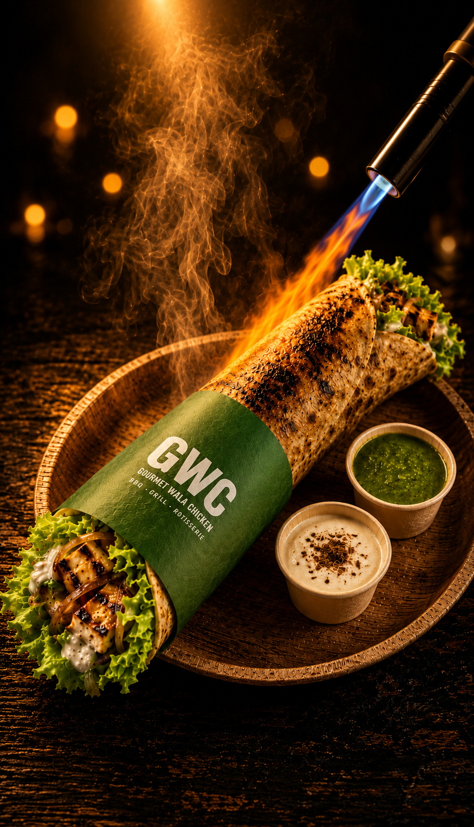 Fresh paneer coated in GWC dry rub, griddle-charred with deep marks, blowtorch-finished and rested before layering. Built on a Boom Sauce base with caramelised onions and pickled cucumber in our 10-inch wheat roti. Served whole with Boom Sauce and Green Chutney.