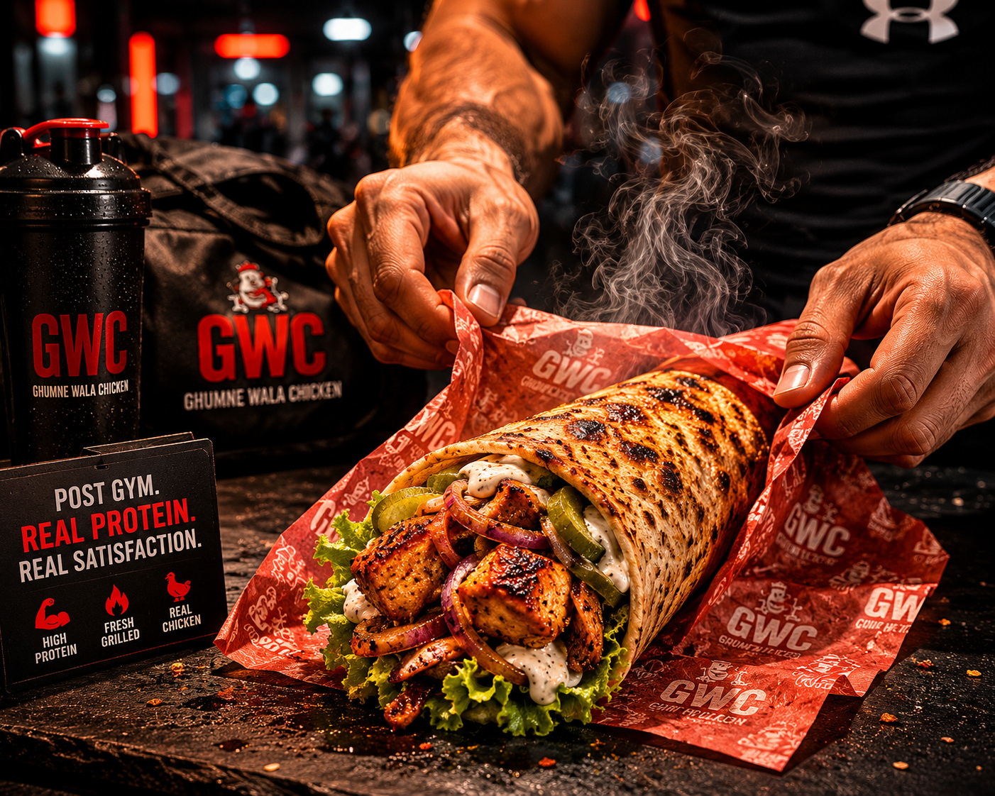 GWC BBQ chicken late night post gym food Chandigarh protein rotisserie