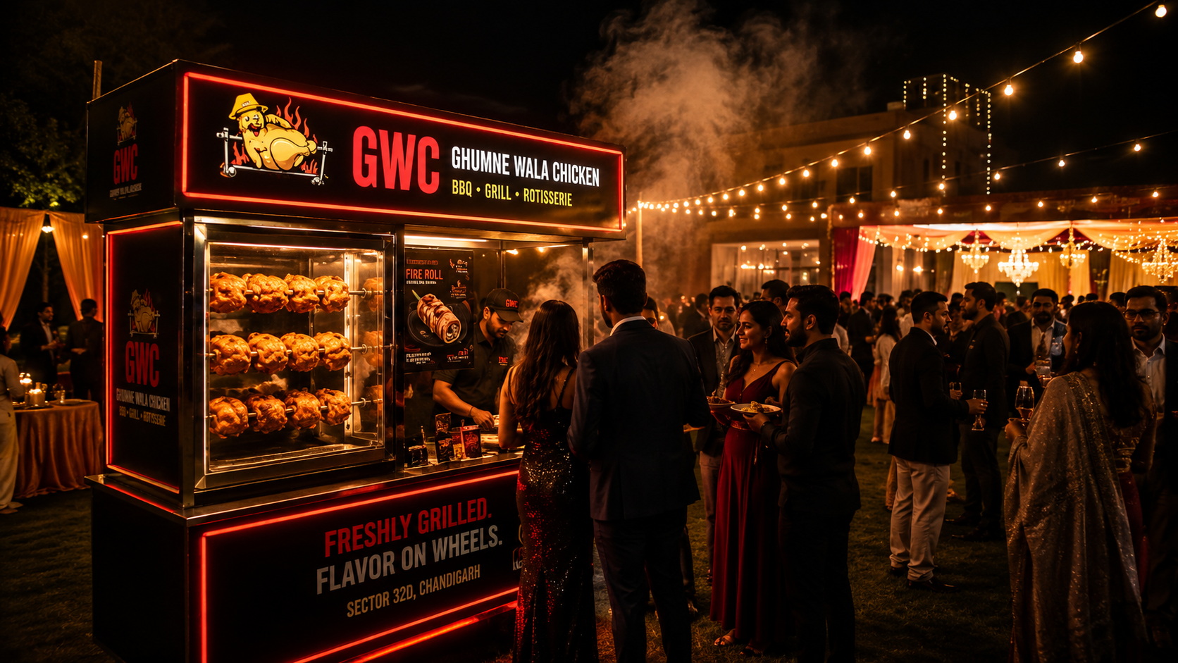 GWC birthday catering Chandigarh — live rotisserie BBQ e-cart at celebration event tricity