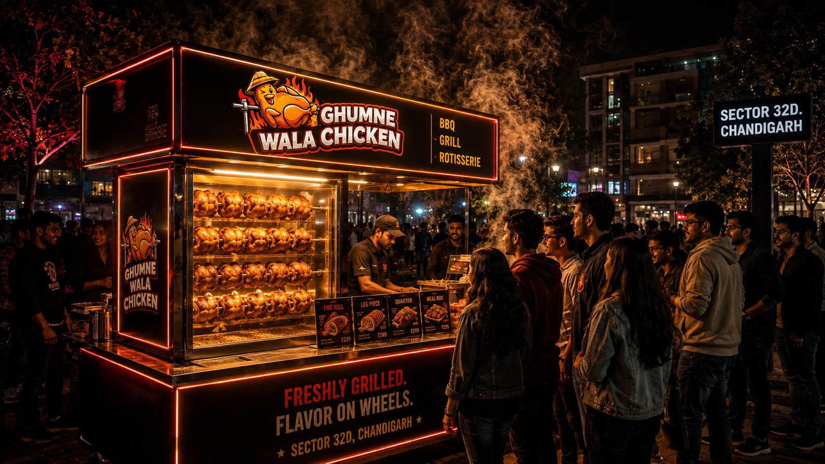 GWC late night food Chandigarh — e-cart glowing at midnight with crowd at Sector 32D