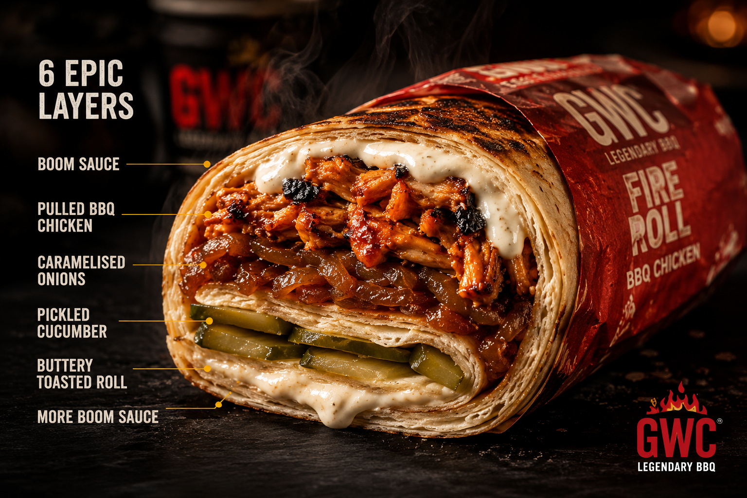 GWC Fire Roll how to eat BBQ chicken roll cross-section layers Chandigarh