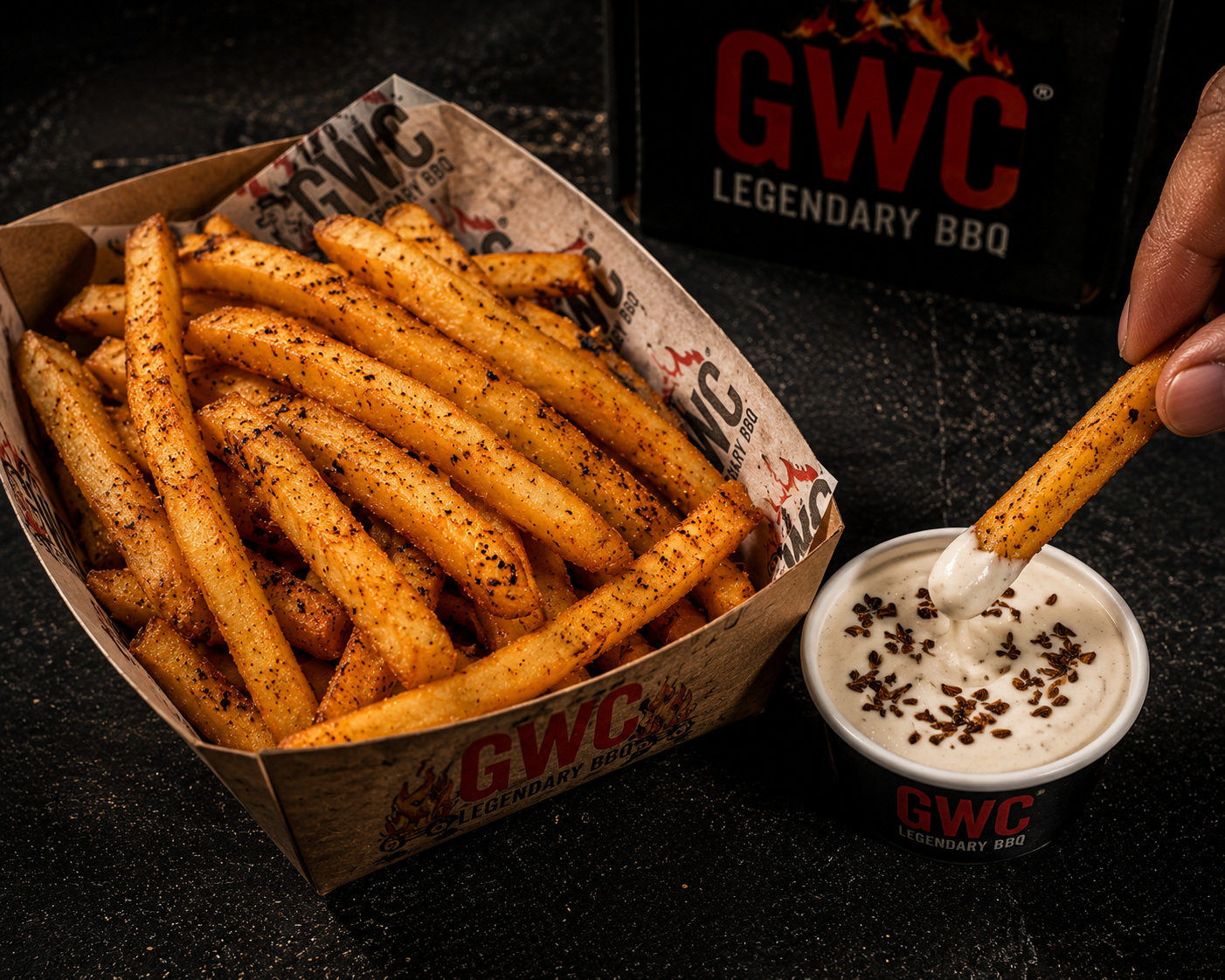 GWC long fries Boom Sauce light dip how to eat BBQ chicken sides Chandigarh